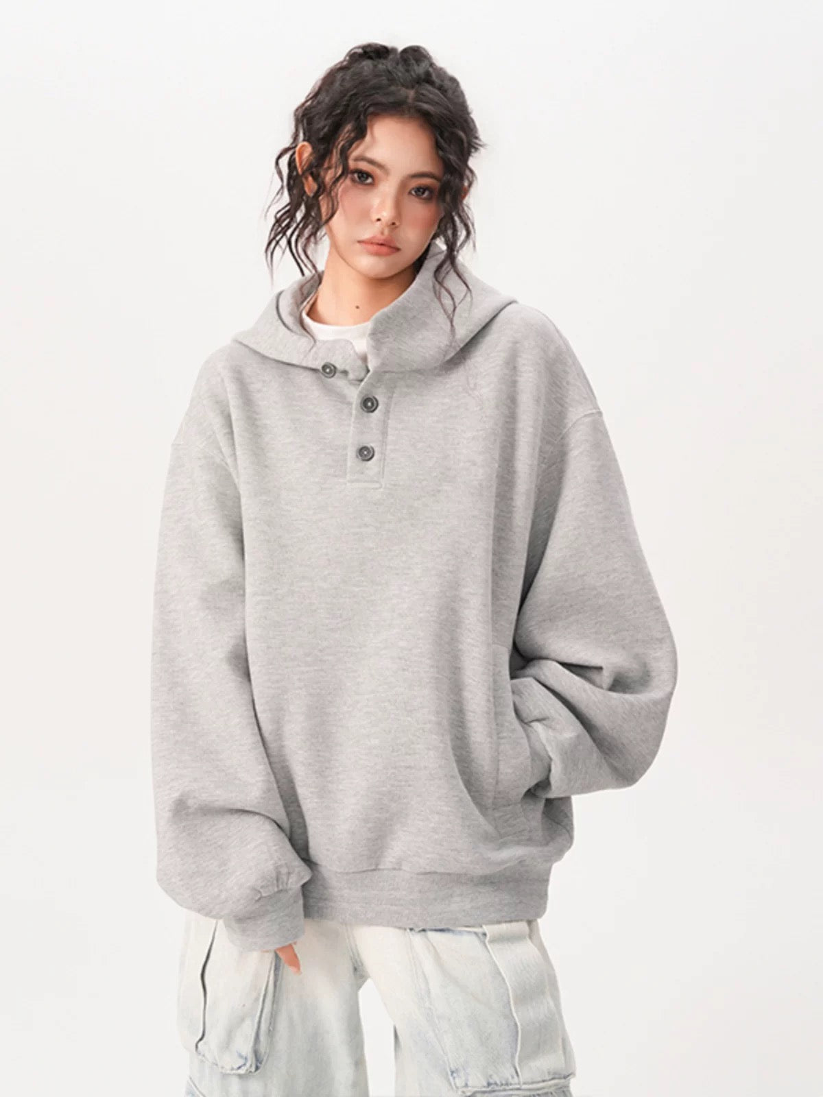 Layer Double-Neck Buttoned Hoodie