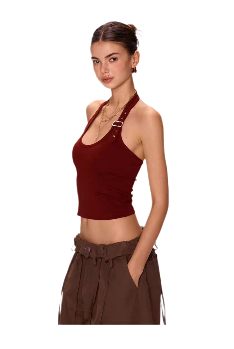 Edgy Buckle Strap Halterneck Crop Top