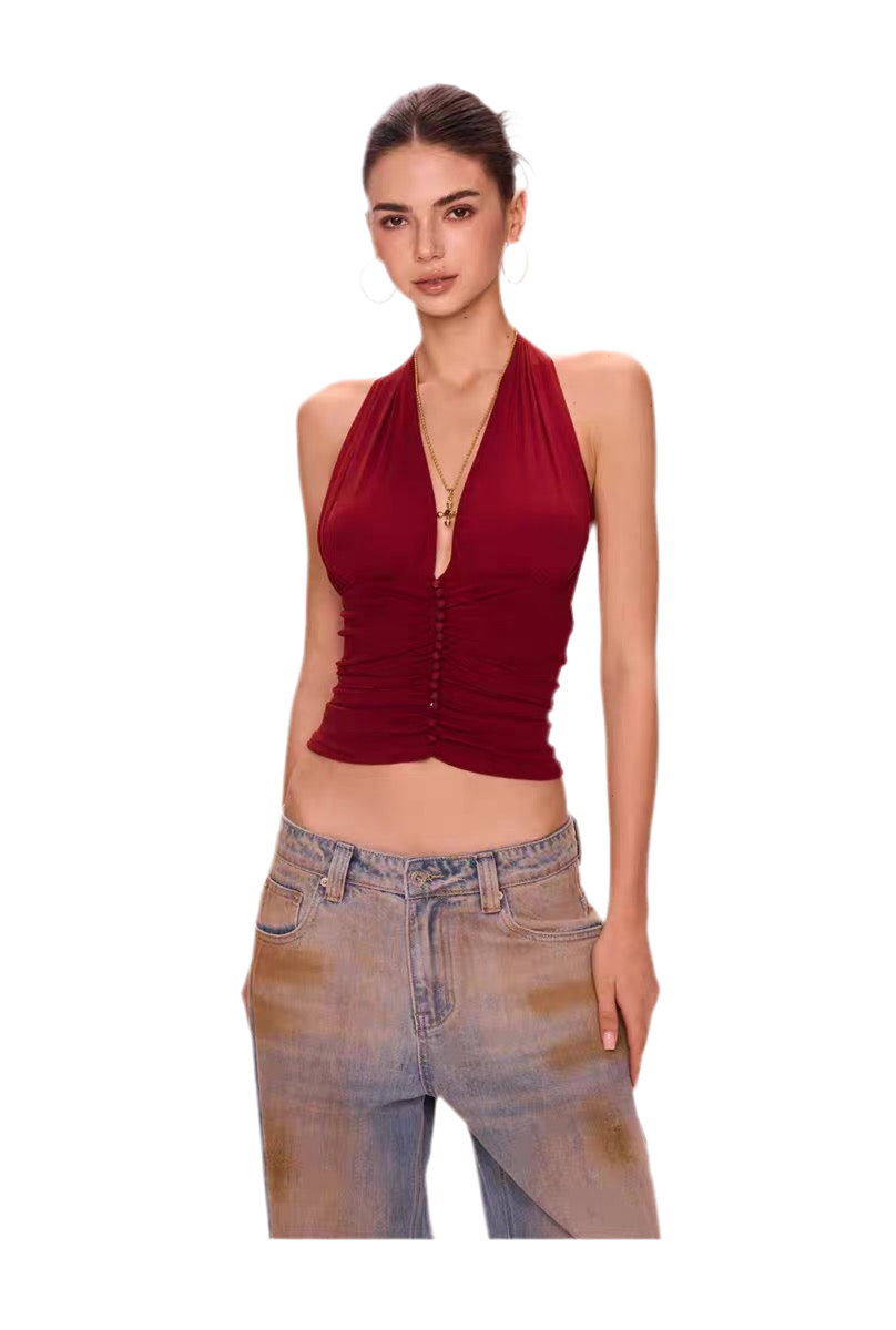 Chic Buttoned Halter Mesh Camisole