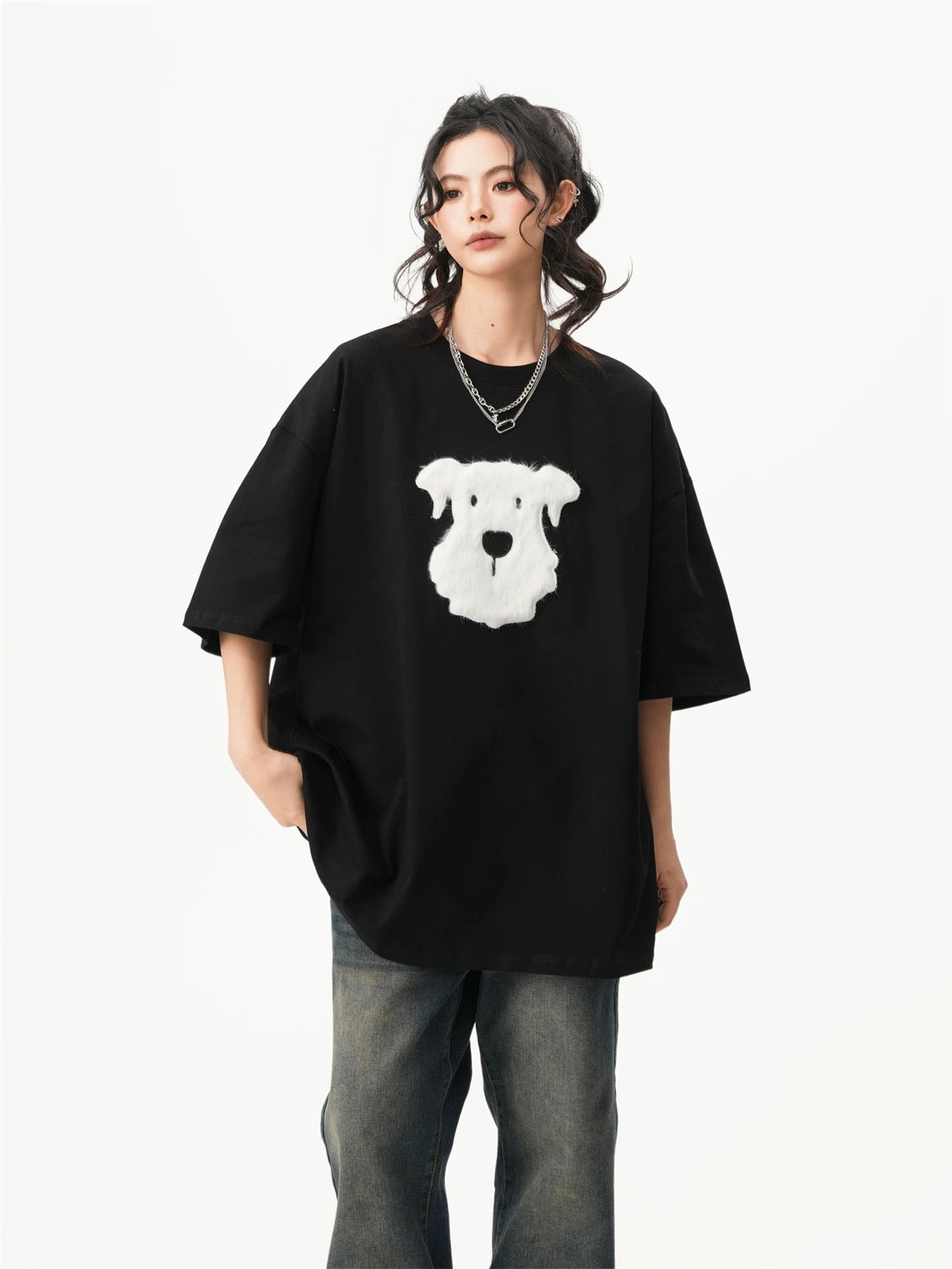 Oversized Crew Neck Puppy Graphic T-shirt
