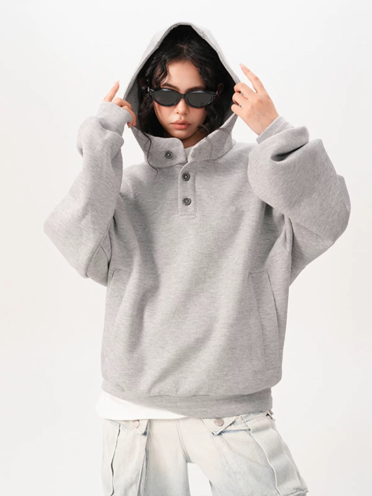 Layer Double-Neck Buttoned Hoodie
