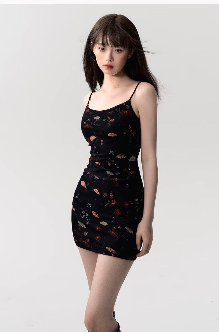 Oil-Painted Black Spaghetti Strap Dress