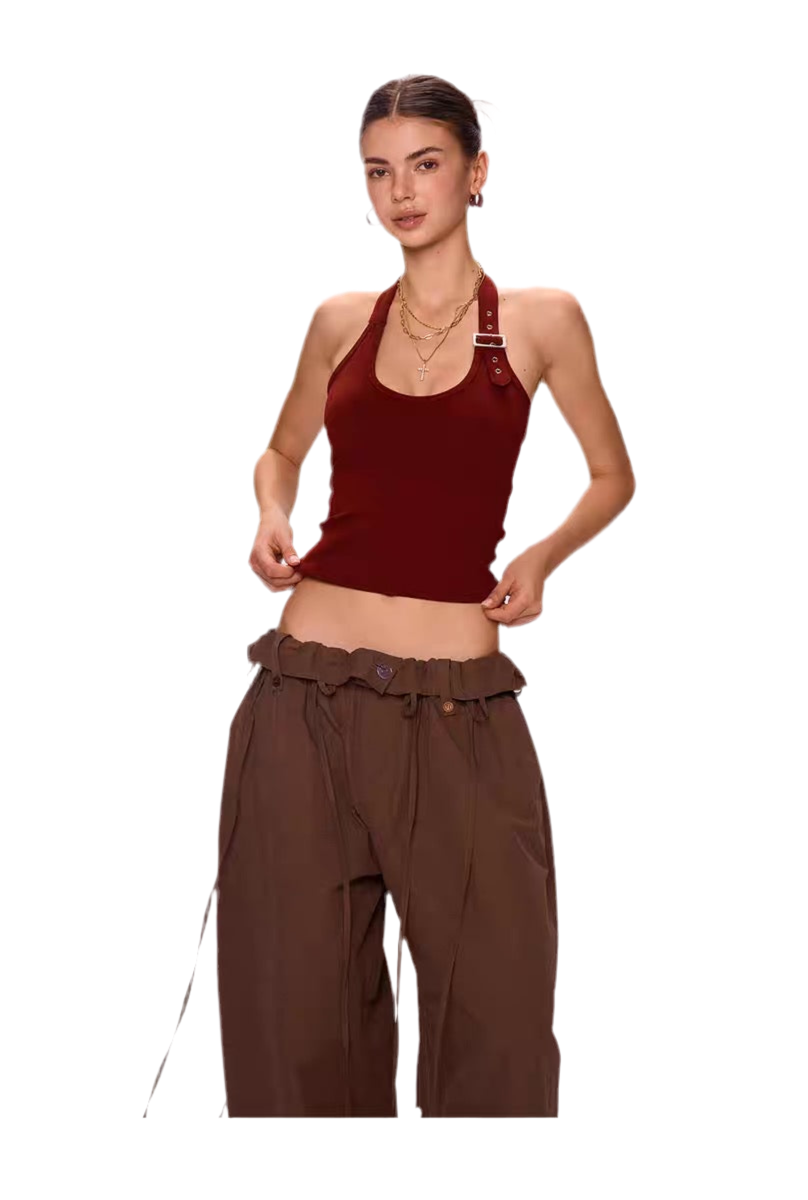 Edgy Buckle Strap Halterneck Crop Top