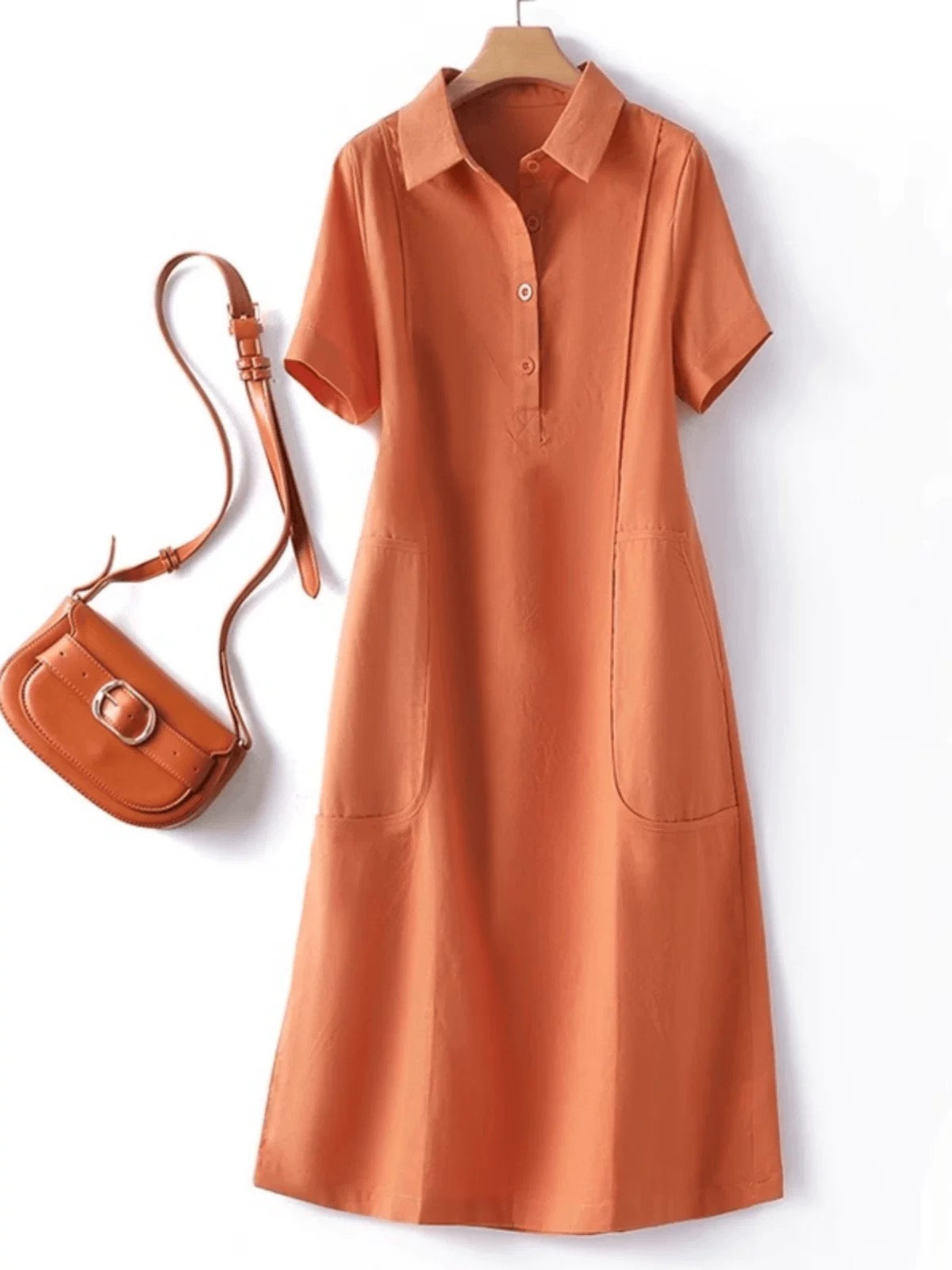 Terracotta A-Line Polo Shirt Dress With Pockets