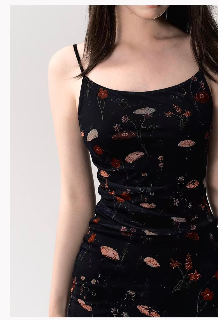 Oil-Painted Black Spaghetti Strap Dress