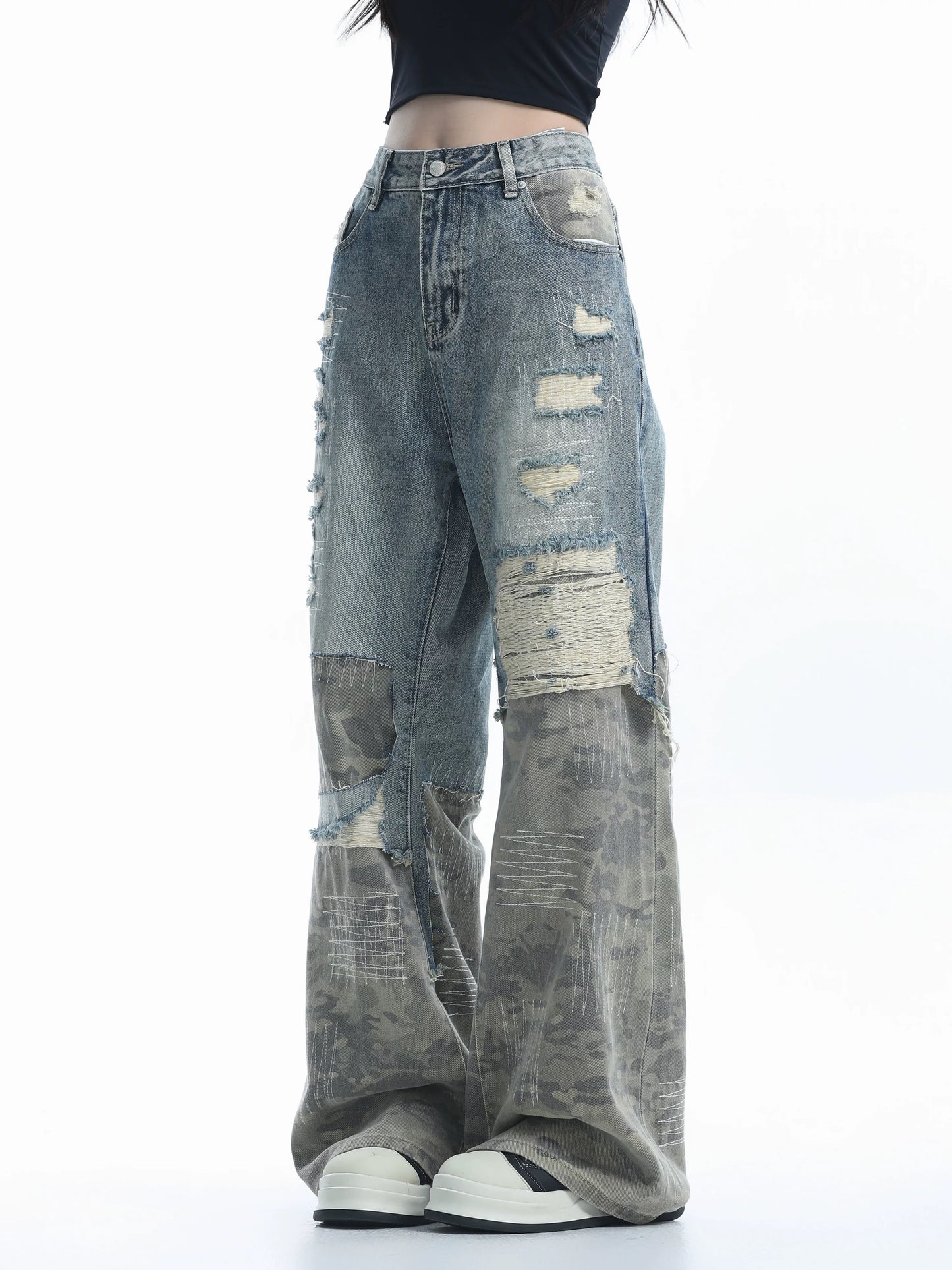 Patchwork Wide-Leg Camouflage Jeans