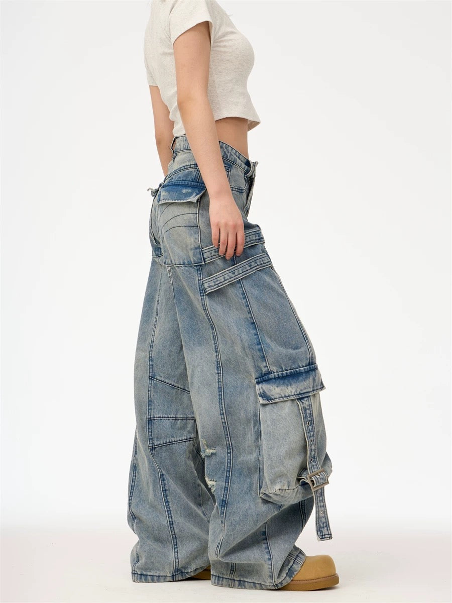 Heavy Washed Ripped Cargo Jeans