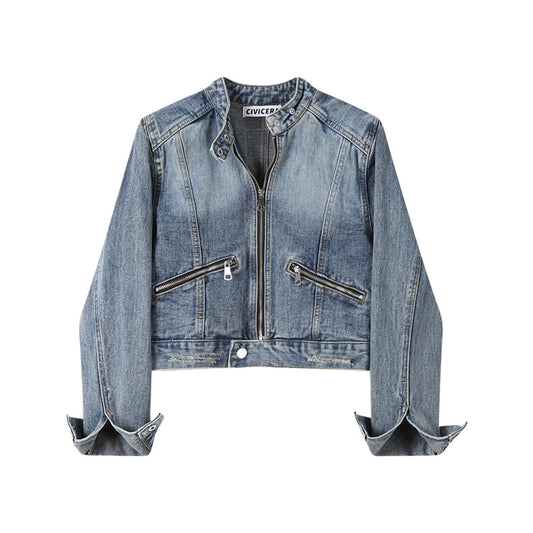 Short Denim Pocketed Stand Collar Jacket