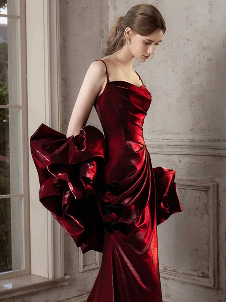 Luxury Burgundy Ruffle Fishtail Dress