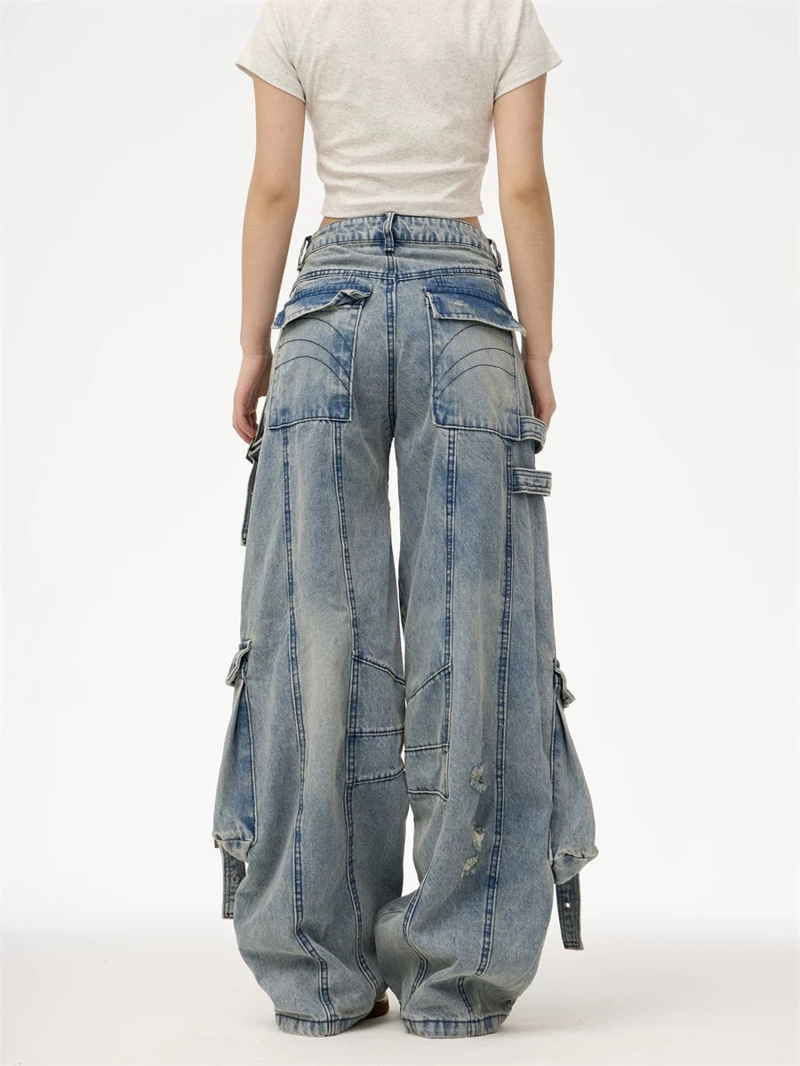 Heavy Washed Ripped Cargo Jeans