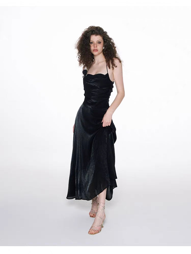 Midnight Satin Halterneck Slip Dress