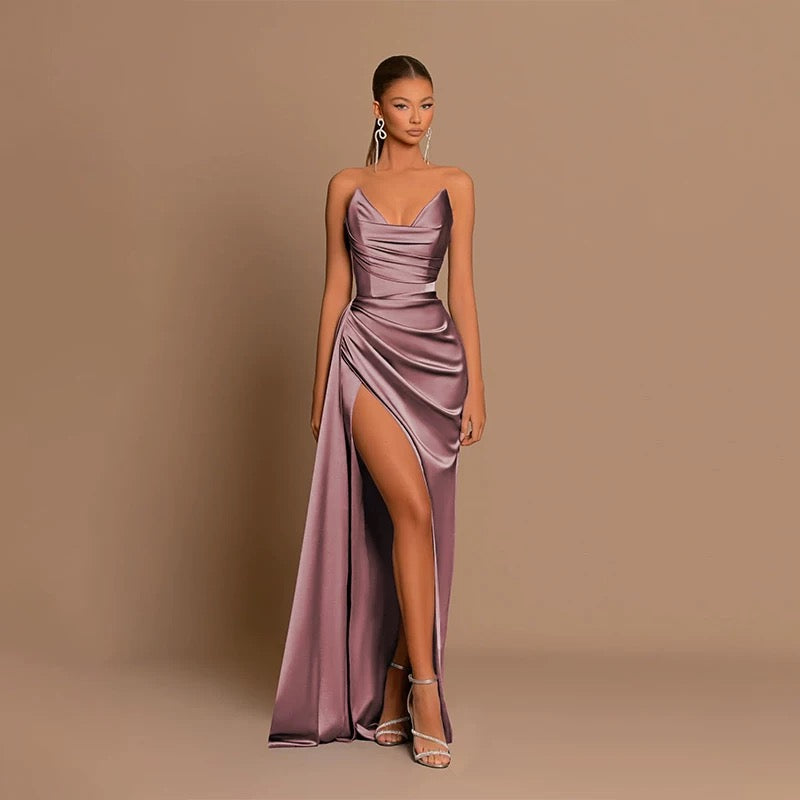 Satin Ruched Thigh-High Slit Maxi Dress