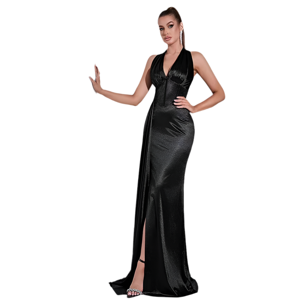 Deep V Halter High Slit Prom Dress