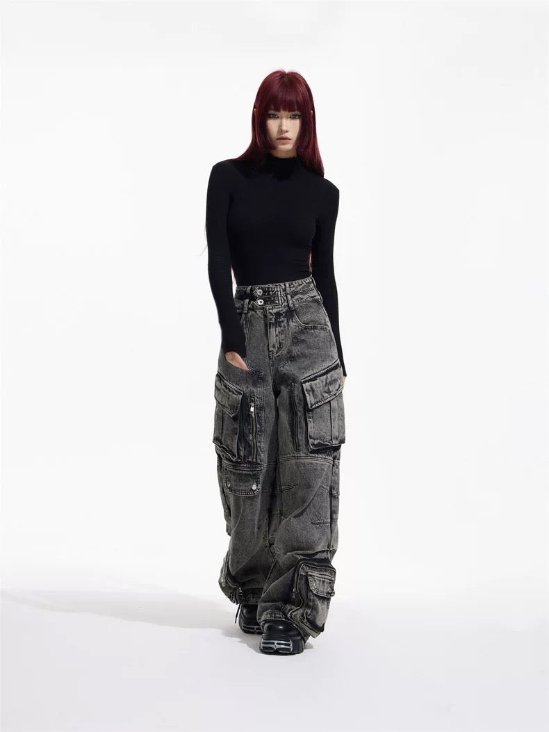 Denim Cargo Wide Leg Pants