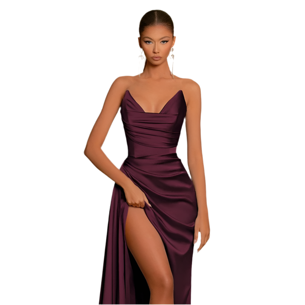 Satin Ruched Thigh-High Slit Maxi Dress