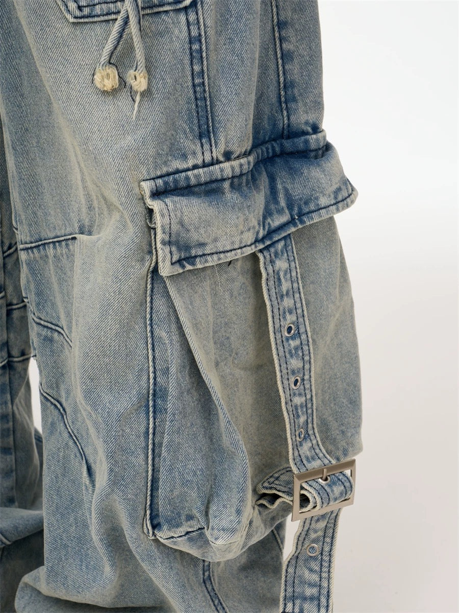 Heavy Washed Ripped Cargo Jeans