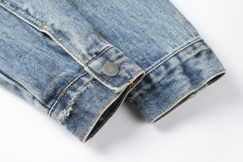 Short Denim Pocketed Stand Collar Jacket