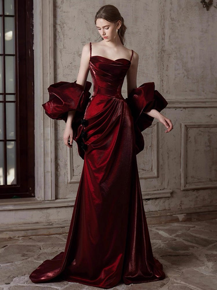 Luxury Burgundy Ruffle Fishtail Dress