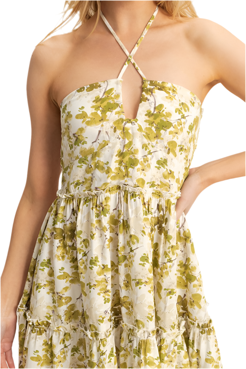 Floral Print Halter Neck Tiered Mini Dress