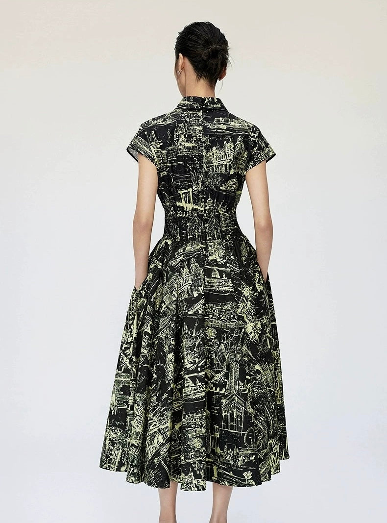 Black Cityscape Shirt Dress Summer Chic