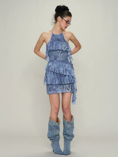 Blue Printed Asymmetrical Resort Dress