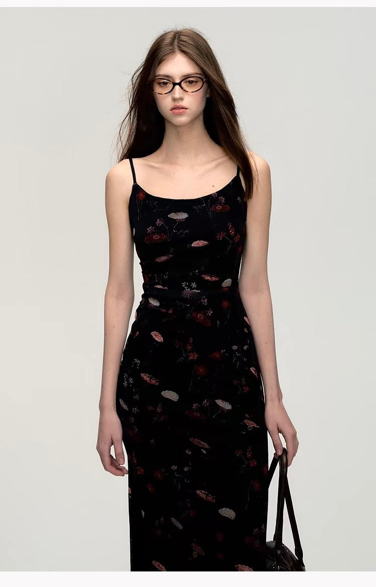 Oil-Painted Black Spaghetti Strap Dress
