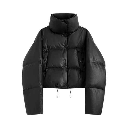 Faux Leather High-Neck Puffer Jacket