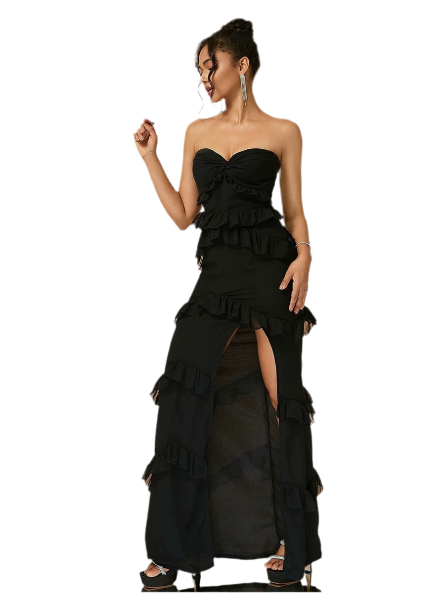 Strapless High Slit Ruffle Maxi Dress