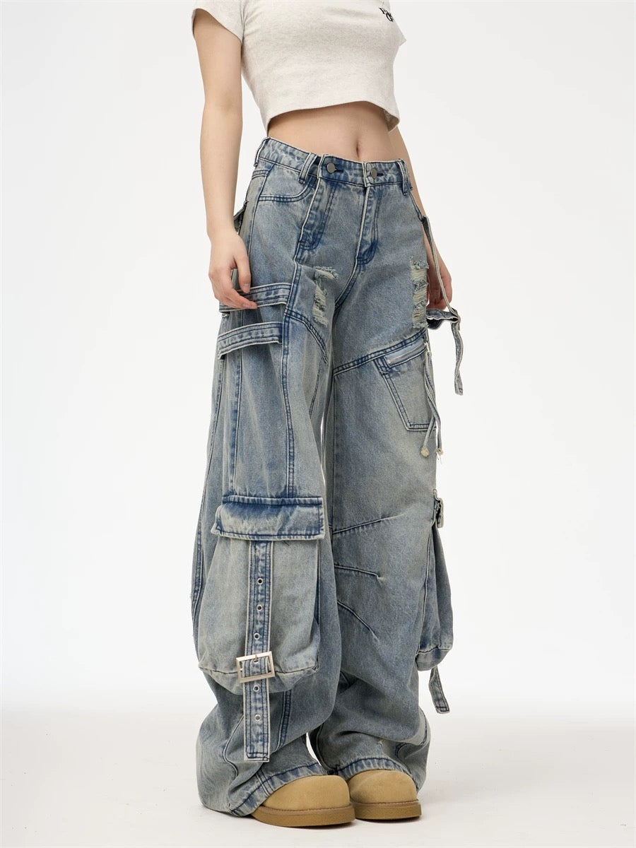 Heavy Washed Ripped Cargo Jeans