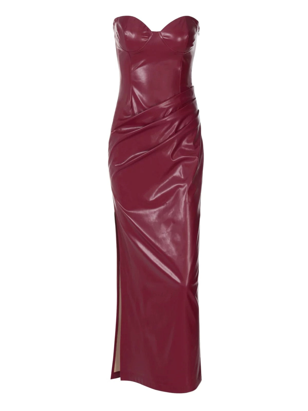 Glossy Bodycon Leather Slit Maxi Dress