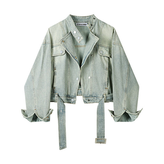 High-Waist Blue Denim Motorcycle Jacket
