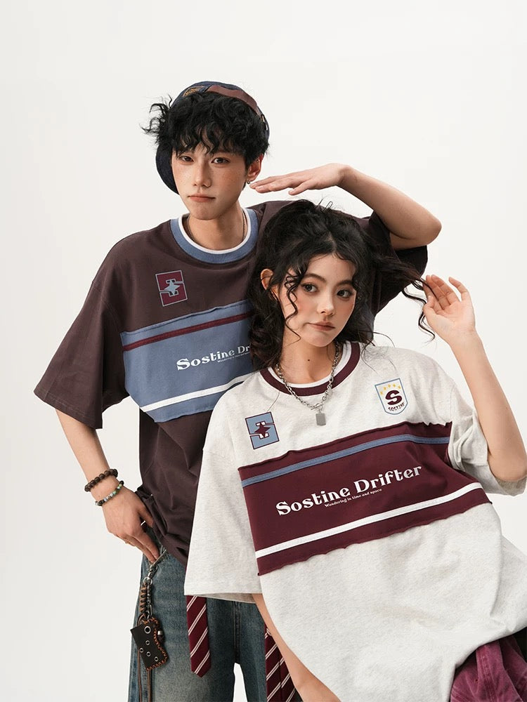 Unisex Retro College Style Stitching T-shirt