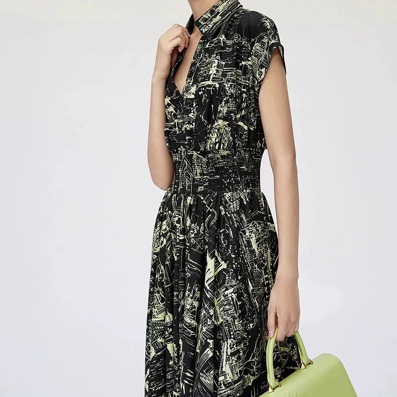 Black Cityscape Shirt Dress Summer Chic