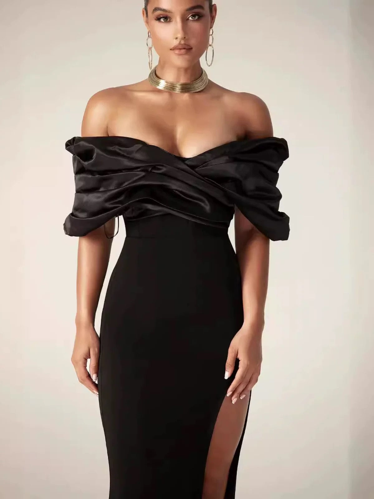 Off-Shoulder Draped Satin Slit Gown