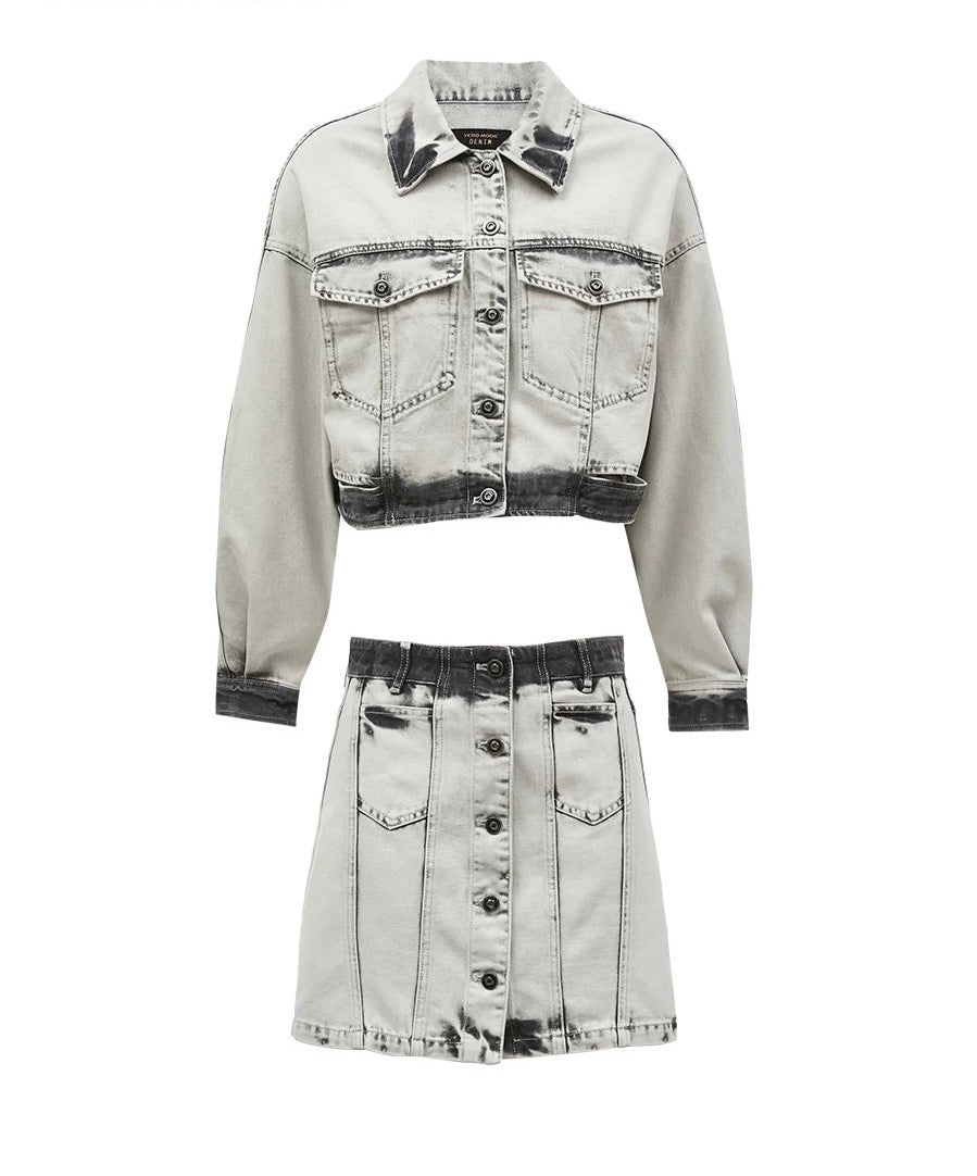 Distressed Denim Jacket & Skirt Set