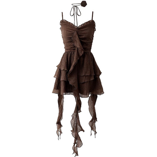 Vintage Brown Ruffle Summer Dress