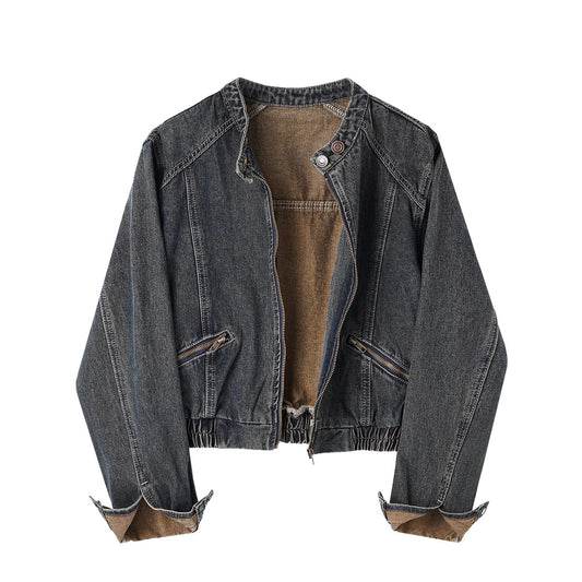 Short Denim Jacket with Stand-Up Collar