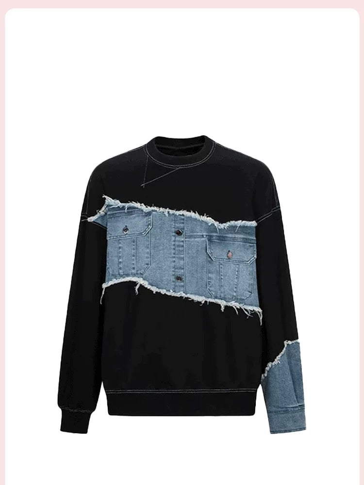 Denim Patchwork Sweatshirt Black White