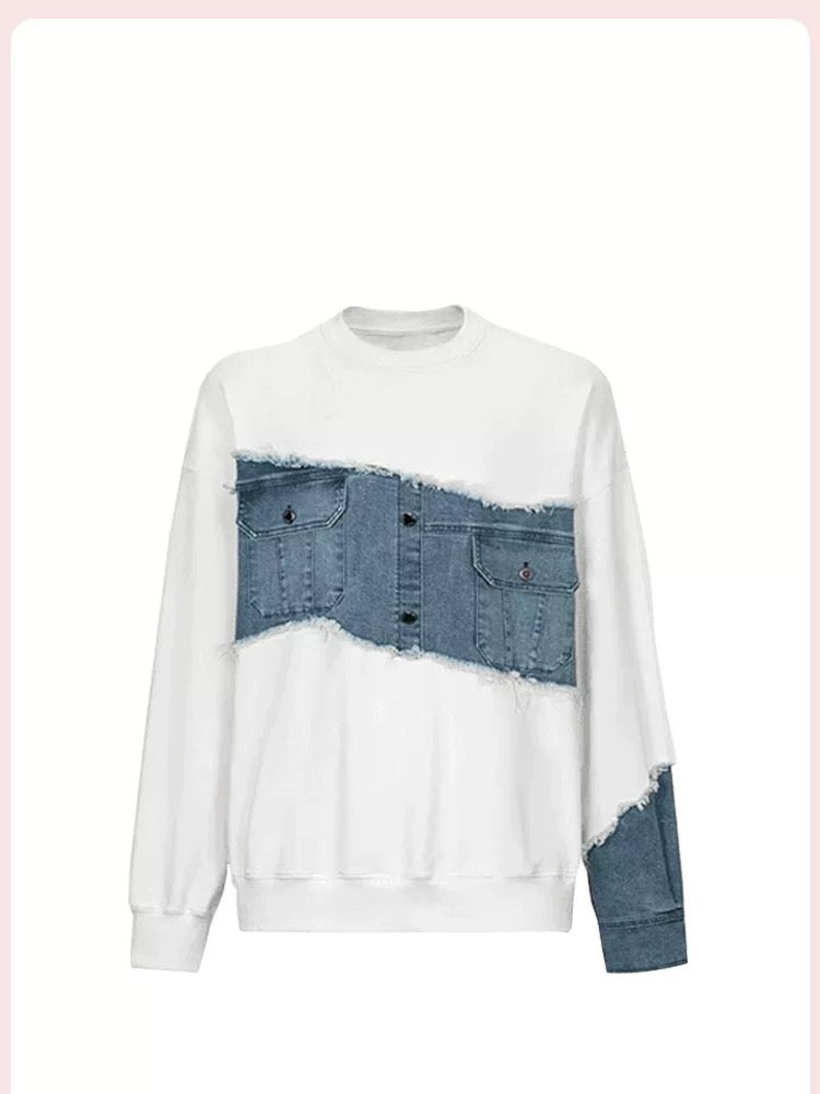 Denim Patchwork Sweatshirt Black White