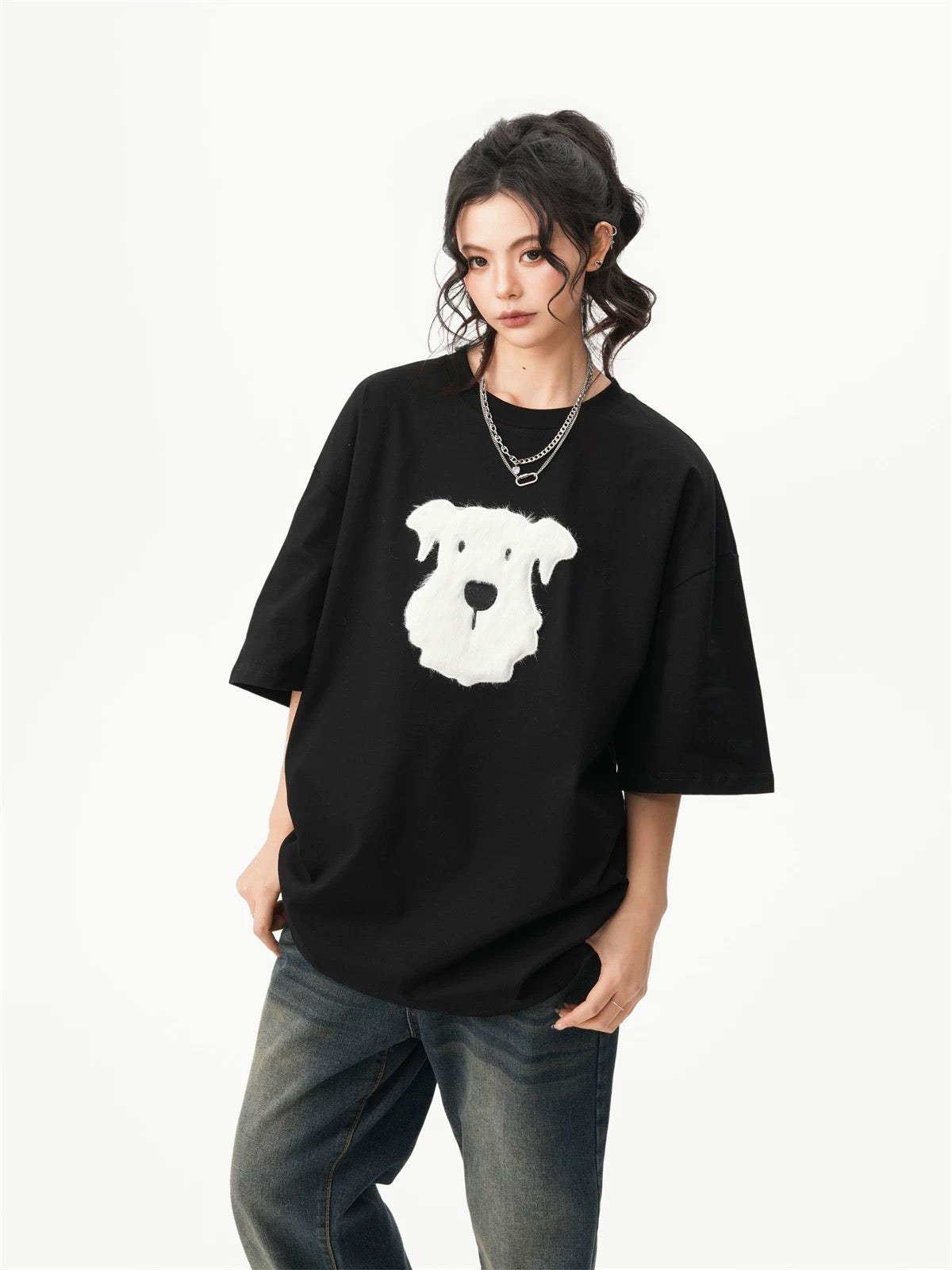 Oversized Crew Neck Puppy Graphic T-shirt