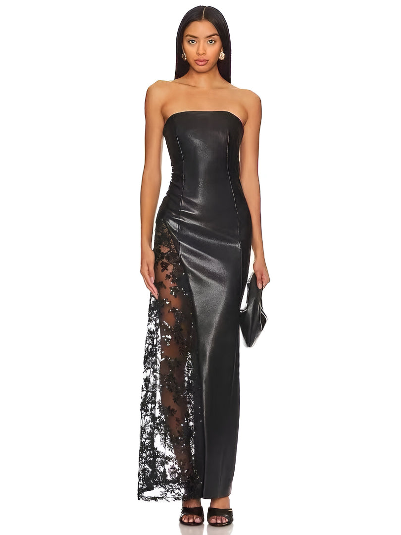Black Faux Leather Lace Split Maxi Dress