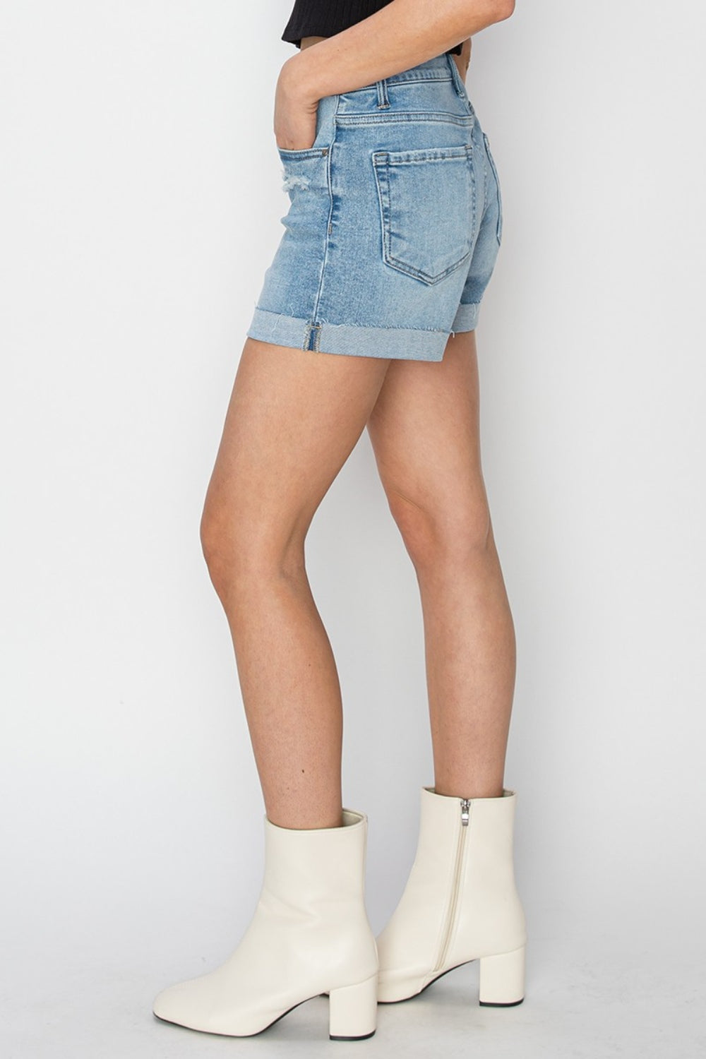 RISEN Distressed Mid-Rise Waist Denim Shorts - blue yonderz