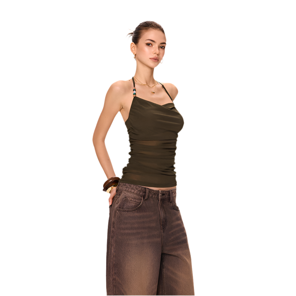 Mesh Olive Cowl Neck Camisole Top