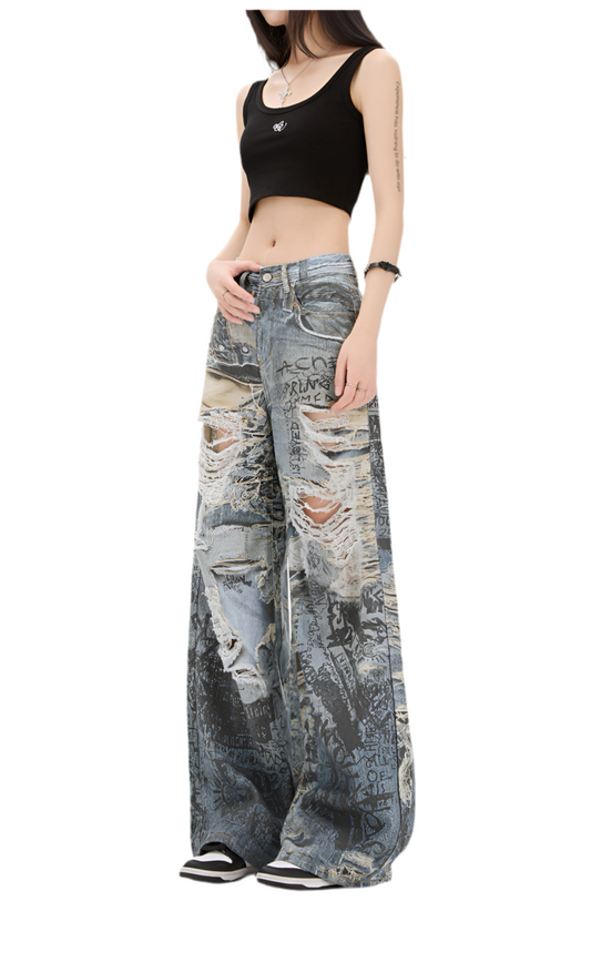 Ripped Oversized Graffiti Print Denim