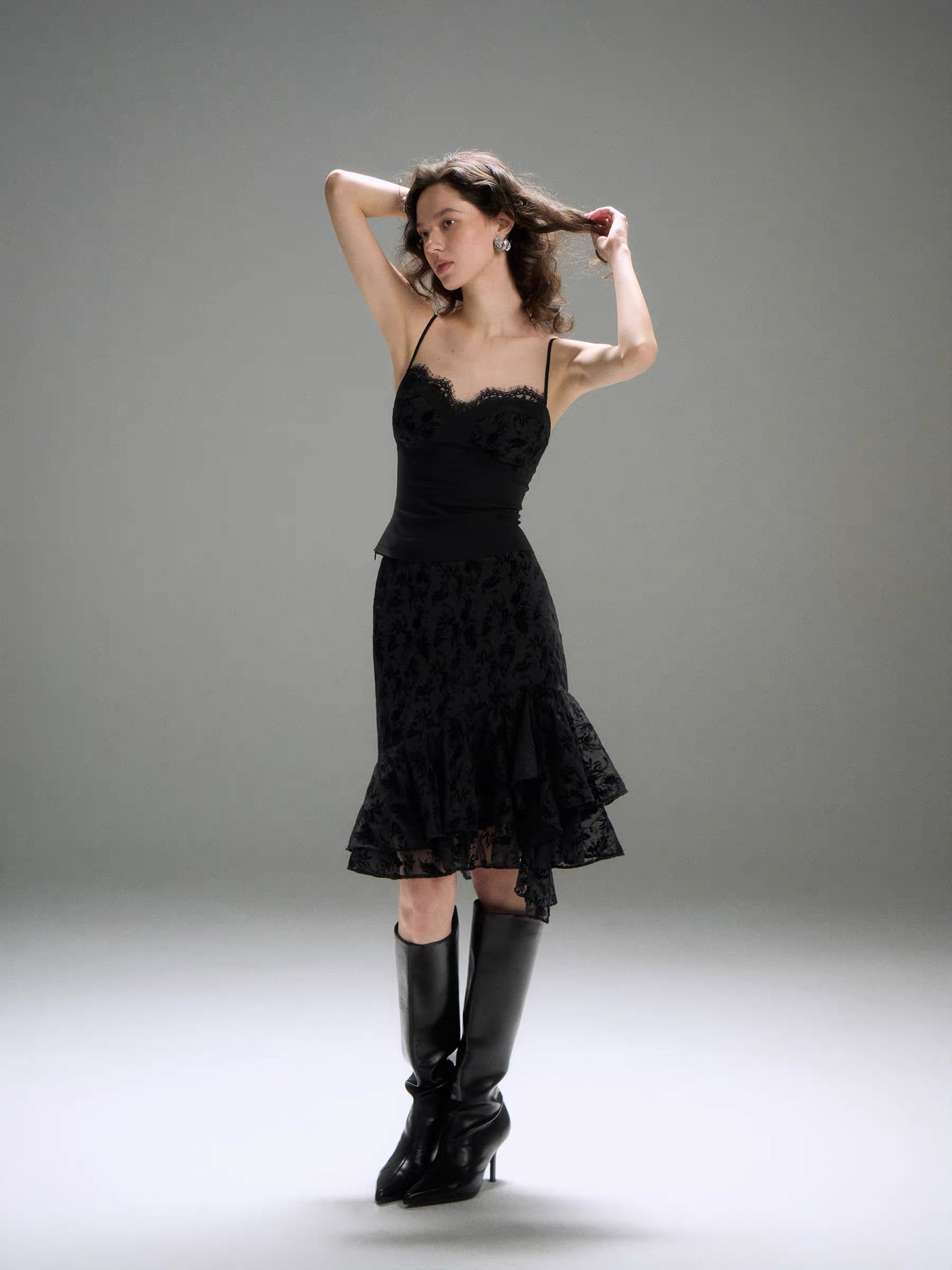 Lace Trim Flare Slip Top & Skirt Set