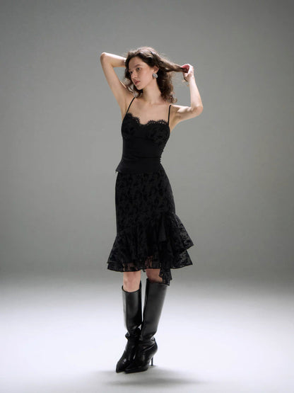 Lace Trim Flare Slip Top & Skirt Set