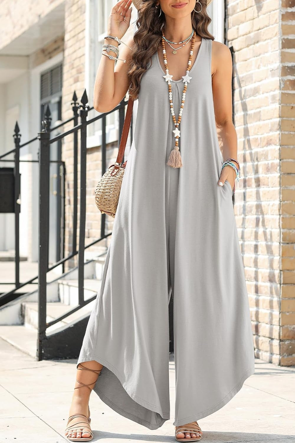 Pocketed Scoop Neck Wide Leg Jumpsuit - bllue yonders