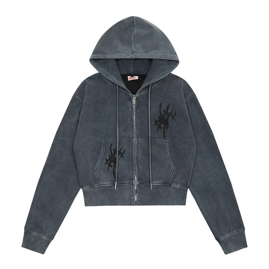 Washed Flame Graphic Zipper Hoodie