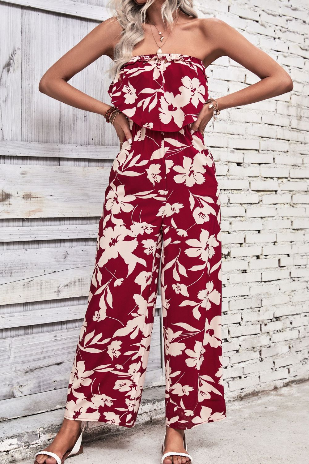 Floral Strapless Wide Leg Jumpsuit - blue yonderz