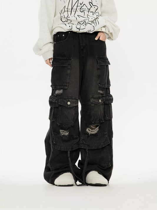 Unisex Multi-Pocket Ripped Cargo Pants